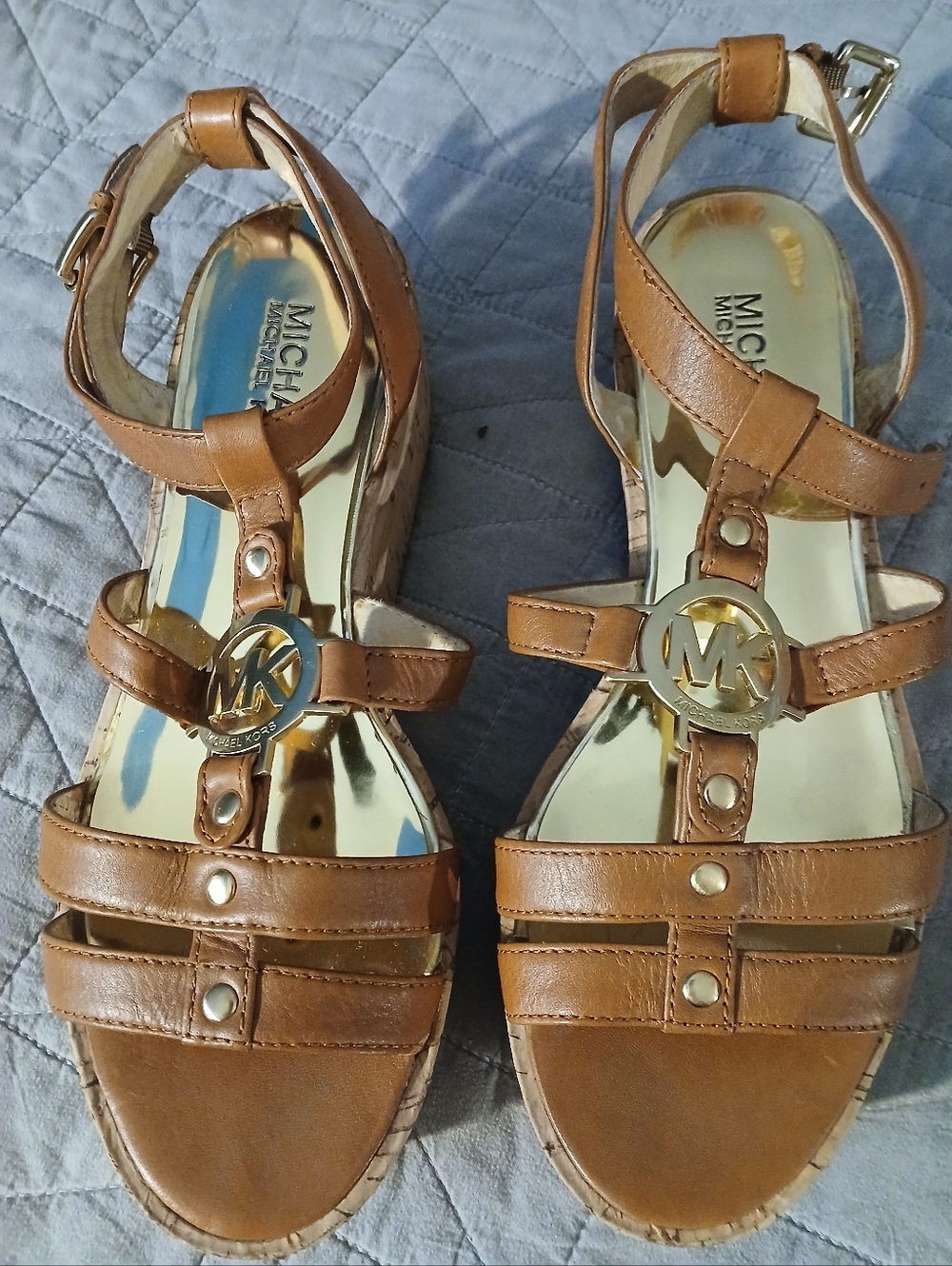 Michael Kors Cognac Leather MK Logo Wedge Sandals
